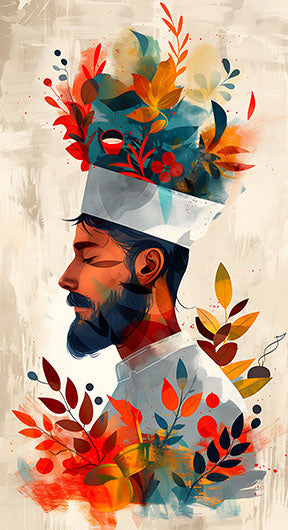Wadi Home chef wall art with floral headpiece, abstract colorful florals, warm palette, modern elegance for kitchen or dining.