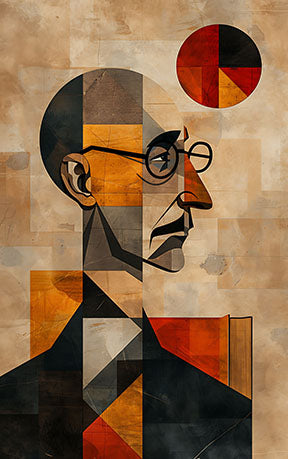 Wadi Home geometric portrait wall art with earthy tones, black, and orange abstract profile on textured background.