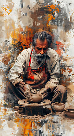 Wadi Home abstract wall art depicting a potter at work in earthy tones of orange, brown, and cream. Textured style.
