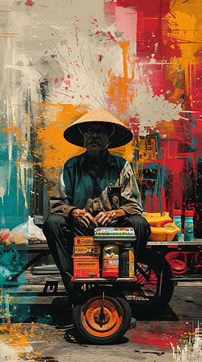 Wadi Home abstract canvas print of a man in a conical hat, with a vibrant red, yellow, and blue background. Expressive brushstrokes.