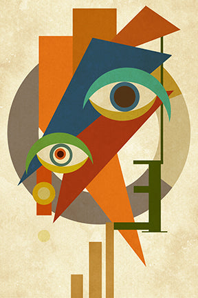 Wadi Home abstract geometric face wall art with vibrant oranges, blues, greens, and earthy tones.