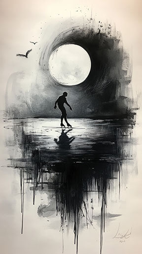 Wadi Home abstract artwork featuring a figure skating under a large moon in monochrome tones of black, white, and grey.
