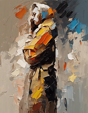 Wadi Home abstract canvas wall art depicting a figure in earthy tones, yellow, and blue. Textured painterly style.