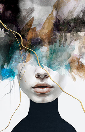 Wadi Home abstract portrait wall art with muted tones, vibrant splashes, and gold accents. Features a woman's face with eyes obscured by abstract brushstrokes.