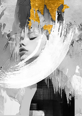 Wadi Home abstract portrait art with gold accents, monochrome tones, and dynamic brushstrokes.