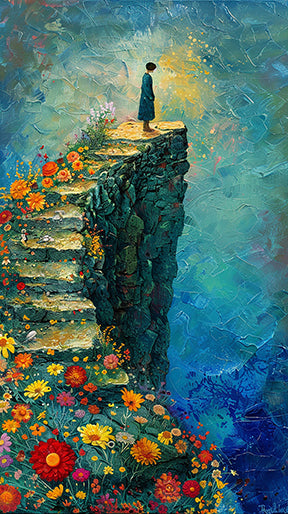 Wadi Home Cliffside Floral Stairway To The Sun artwork featuring a figure on a cliffside staircase lined with colorful flowers, leading to a bright sun.