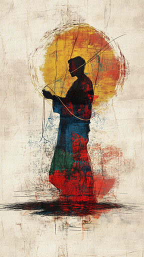 Wadi Home abstract wall art featuring a silhouette figure against a textured red, blue, and yellow sun.