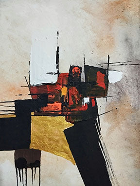 Wadi Home abstract geometric canvas art with black, gold, and red hues. Modern wall art for living rooms.