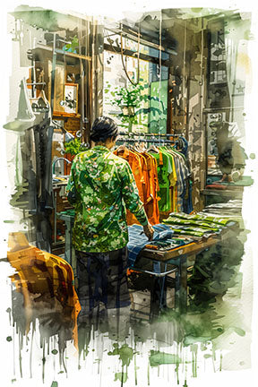 Wadi Home watercolor print of a person browsing racks of colorful clothing in a boutique. Expressive brushstrokes and vibrant colors.