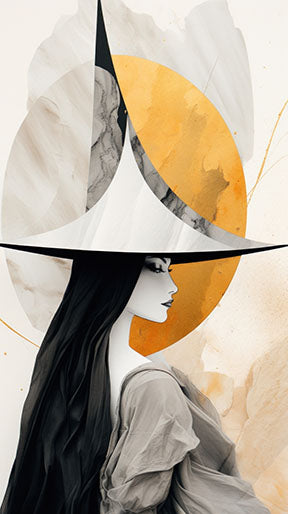 Wadi Home abstract wall art of a woman with long black hair wearing a wide-brimmed hat, monochrome and gold palette.