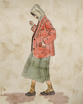 Wadi Home vintage fashion illustration art print of a figure in a coral jacket and olive green skirt on aged background.