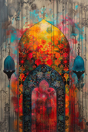 Wadi Home Islamic archway canvas print with vibrant abstract colors and intricate details, reminiscent of a mosque entrance.