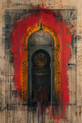 Wadi Home Abstract Archway Wall Art with red and gold accents, textured design, modern artistry.