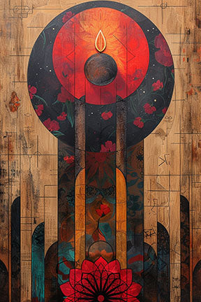 Wadi Home abstract floral wall art with red, orange, and blue hues on a wood-like background.