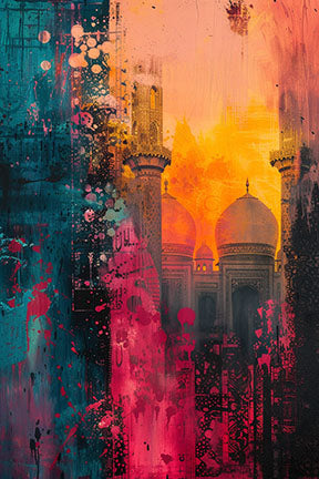 Wadi Home abstract mosque canvas wall art with teal, pink, and orange hues. Majestic silhouette of a mosque against a dramatic sunset.