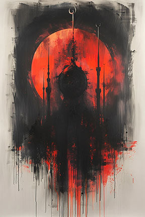 Wadi Home abstract mosque silhouette wall art with red sun and black brushstrokes.