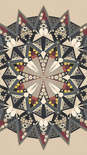 Wadi Home abstract geometric mandala wall art with intricate patterns in grey, beige, red, and yellow.