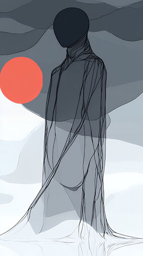 Wadi Home abstract wall art featuring a figure against an orange sun and muted tones. Modern minimalist design.