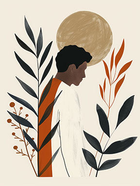 Wadi Home abstract botanical portrait wall art with profile of a person, sun, and plants in black, terracotta, and beige.