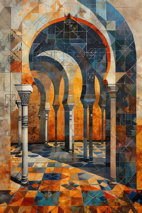 Wadi Home abstract archway wall art with geometric Moorish architecture in warm oranges, blues, and earthy tones.
