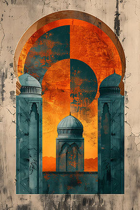 Wadi Home abstract Islamic archway wall art in teal and orange, featuring Islamic architecture motifs.