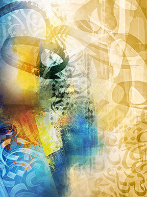 Wadi Home abstract Arabic calligraphy wall art with vibrant blues, yellows, and earthy tones. Modern design.