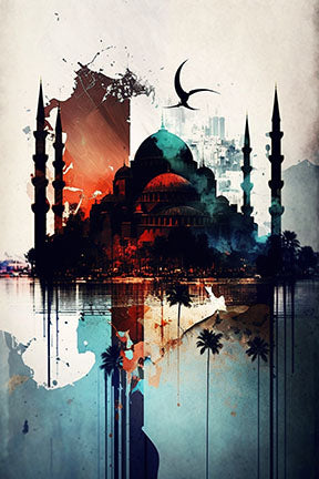 Wadi Home Islamic Mosque watercolor wall art with vibrant colors and modern artistic flair. Features mosque silhouette, minarets, and reflection.