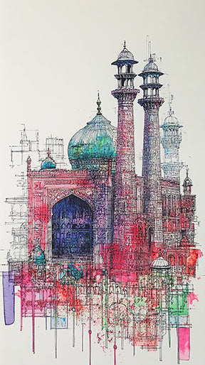Wadi Home abstract architectural watercolor painting with bold reds, blues, and greens.