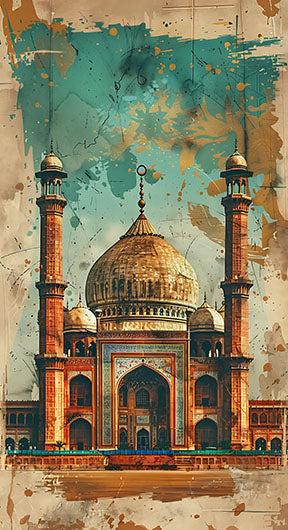 Wadi Home majestic mosque canvas wall art with intricate details and earthy tones, displayed above a white sofa.