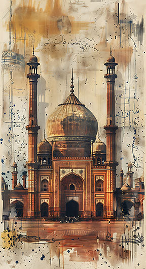 Wadi Home watercolor wall art of a majestic mosque in warm earthy tones with intricate architectural details.