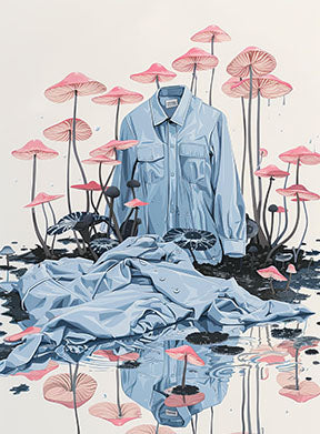 Wadi Home surreal wall art featuring a light blue collared shirt draped amongst pink-capped mushrooms and water.