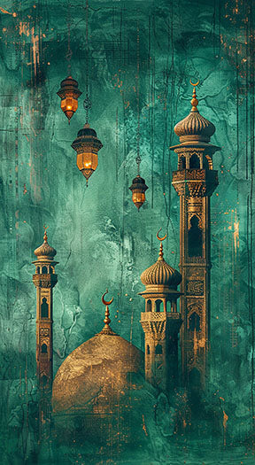 Wadi Home Islamic Mosque Canvas Wall Art with teal and gold hues, featuring intricate architectural details and hanging lanterns.