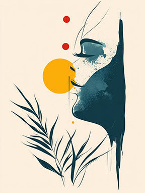 Wadi Home abstract face botanical wall art in teal, blue, yellow, and red on a cream background.