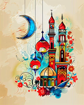 Wadi Home Islamic Mosque Crescent Moon Lanterns Wall Art with vibrant colors, minarets, domes, and decorative lanterns.
