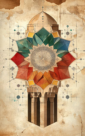 Wadi Home Geometric Islamic Architectural Art Print featuring a colorful rosette design with architectural elements on a textured background.