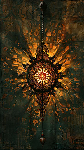 Wadi Home intricate mandala wall art in gold and deep teal, featuring a hanging lantern design with bohemian elegance.