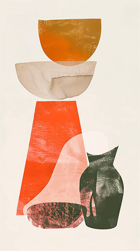 Wadi Home abstract still life art with burnt orange, green, and neutral shapes. Textured painterly effect.