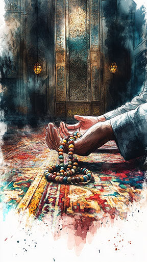 Wadi Home spiritual artwork of hands holding prayer beads, watercolor style, rich colors, framed or canvas print.