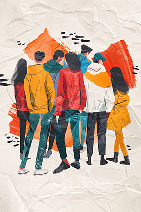 Wadi Home abstract artwork featuring a group of figures in vibrant yellow, red, and blue, with textured orange accents on a crumpled paper background.