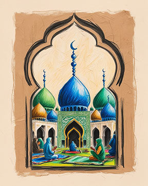 Wadi Home Islamic Mosque Prayer Scene Wall Art with blue and green domes, featuring people praying inside.