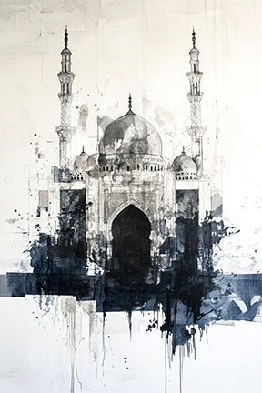 Wadi Home abstract monochrome mosque canvas wall art with ink splatters and brushstrokes.