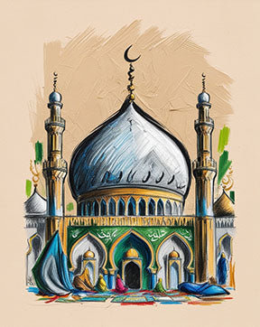 Wadi Home Islamic Mosque Artwork with vibrant colors and intricate details, featuring a blue dome and minarets. Serene spiritual art.