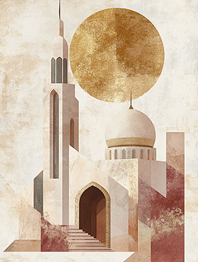 Wadi Home abstract mosque wall art with golden sun, geometric design, warm earthy tones, Islamic-inspired aesthetic.