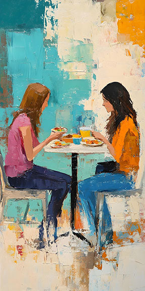 Wadi Home abstract painting of two figures dining together, with bold strokes of turquoise, orange, and earthy tones.