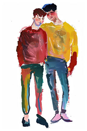 Wadi Home abstract couple portrait wall art, watercolor style, vibrant colors, modern design, two men embracing.