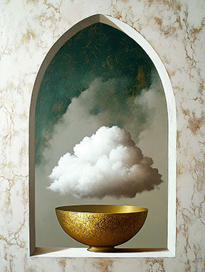 Wadi Home abstract wall art featuring a cloud in a golden bowl within an arched frame with marble effect.