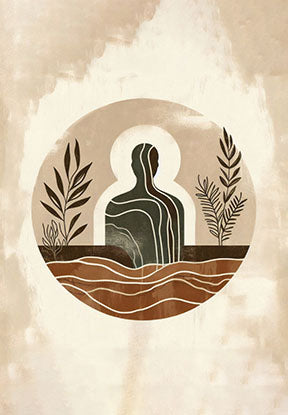 Wadi Home abstract wall art with a dark figure, botanical elements, and wavy lines in earthy tones of brown, beige, and green.