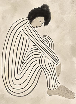 Wadi Home abstract wall art of a figure in black and white stripes, seated and hugging knees, on a textured neutral background.