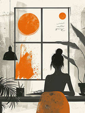 Wadi Home abstract artwork of a woman at a desk with abstract suns and orange accents. Textured background with botanical elements.