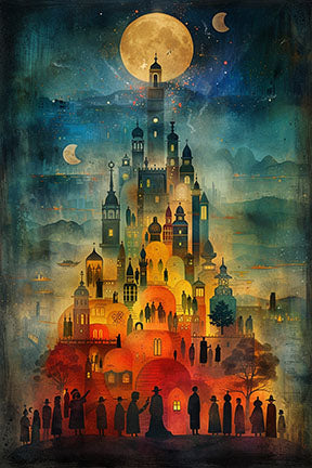 Wadi Home Enchanted Castle Under The Moon art print, a vibrant fantasy castle under a full moon with stars and crescent moons.